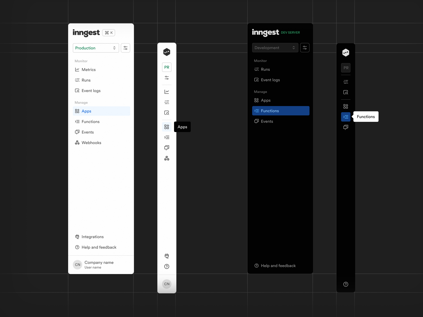 The illustration compares the sidenav of Inngest Cloud and Inngest Dev Server, highlighting their consistency although offering different features (for example, Metrics are only available in Inngest Cloud).